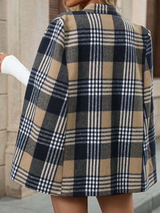 Multicolor Casual Women's Elegant Plaid Hooded Cloak Coat - Picture 2 of 6